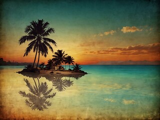 Wall Mural - Vintage travel collage with palm trees and tropical sunset.