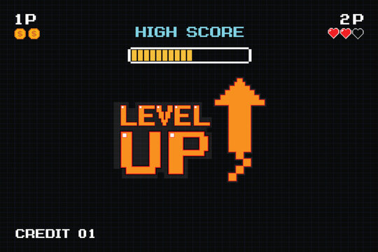 LEVEL UP icon pixel art. 8 bit game. retro game. for game assets in vector illustrations on dark background.