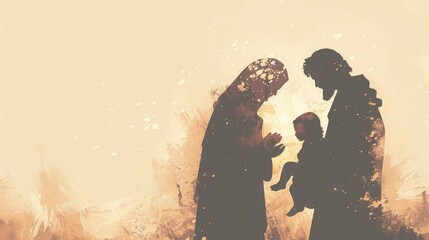 Wall Mural - Mary with Joseph and Baby Jesus silhouettes nativity scene