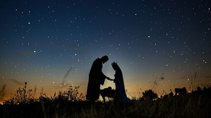 Wall Mural - Mary with Joseph and Baby Jesus at the manger silhouettes at night