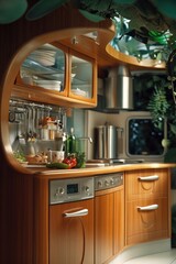 Sticker - Modern kitchen interior featuring wooden cabinets and stainless steel appliances