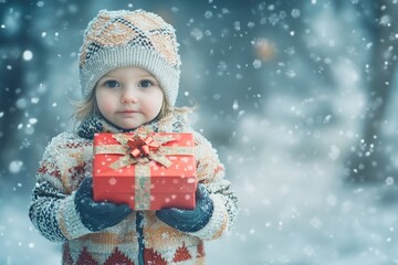 Canvas Print - A young girl holds a bright red gift amidst a winter wonderland setting, perfect for holiday or seasonal uses