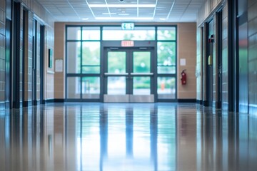Poster - A long empty hallway with a clock on the wall, great for use in architectural or interior design contexts