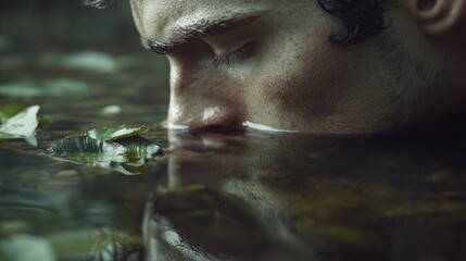Poster - A man is submerged in water with a leaf in his mouth, great for scenes about aquatic life or nature