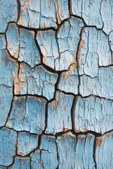 Poster - A close-up view of a cracked blue wood surface, perfect for use in designs about nature, conservation, or distressed textures