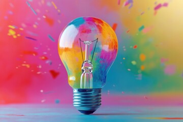 Poster - A colorful light bulb on a vibrant rainbow background