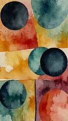 Wall Mural - Watercolor abstract shapes with black lines.