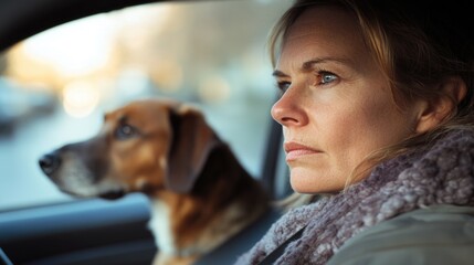 Poster - A woman sits in the driver's seat of a car, with a dog sitting behind her