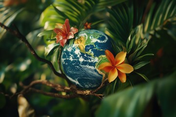 Aufkleber - A globe with a flower on top, suitable for education or travel-themed designs