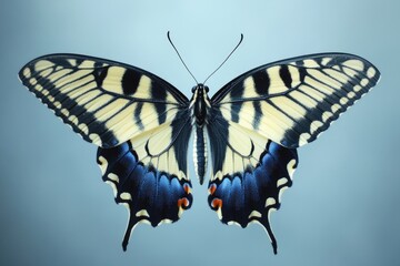Poster - A butterfly perched on a blue surface, possibly a countertop or table