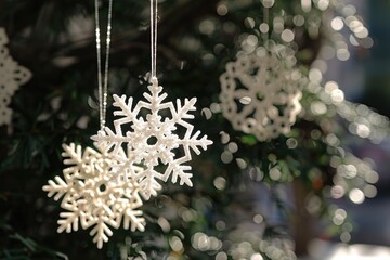 Wall Mural - A bundle of snowflakes hangs from a tree branch in winter