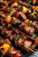 Poster - Close-up shot of skewers with meat and vegetables, perfect for food photography or recipe illustrations