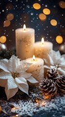 Wall Mural - two burning candles and white poinsettia flowers creating christmas atmosphere