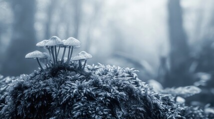 Poster - Group of mushrooms growing on a pile of soft moss