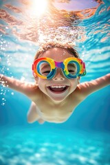 Poster - A young boy is swimming in a pool wearing goggles, perfect for illustrations about kids' activities or summer fun