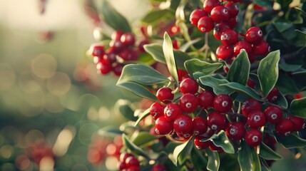 Poster - A cluster of bright red berries hangs from the branch of a tree, with leaves and twigs visible in the background