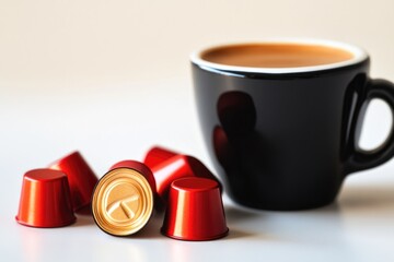 Poster - A warm cup of coffee sits next to several red cups, perfect for a cozy morning or afternoon pick-me-up
