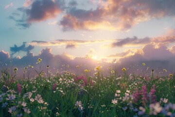 Aufkleber - A serene scene of a field of flowers with the sun setting in the background, perfect for use in nature or landscape photography projects