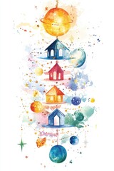 Poster - Watercolor illustration of a house surrounded by planets