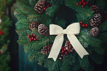 Sticker - A close-up view of a wreath made with pine cones and berries, perfect for decorating or gift-giving