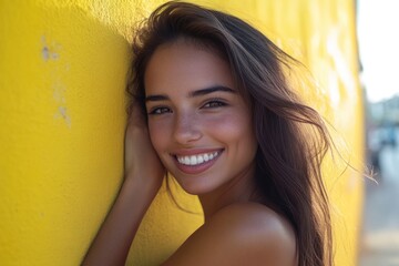 Poster - A young woman leans against a bright yellow wall, looking relaxed and calm