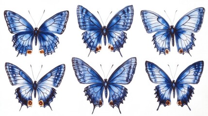 Poster - A cluster of blue butterflies perched on a white surface, ideal for use in illustrations or designs related to nature and wildlife