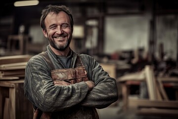 Poster - A craftsman stands in a workshop with his beard and working tools