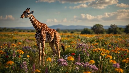 Wall Mural - Whimsical giraffe in a field of wildflowers.