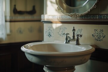 Poster - A white sink sits under a mirror in a bathroom setting