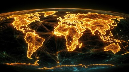 Poster - A map with glowing lines represents global connections and communication networks