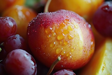 Aufkleber - Fresh fruits in a bowl with sparkling water droplets, great for food or still life photography