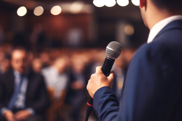 man with microphone at public speaking Generative AI