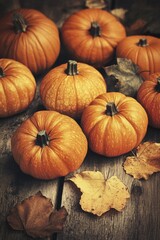 Poster - Autumnal arrangement of pumpkins and leaves on a wooden table, perfect for seasonal decor or harvest-themed events