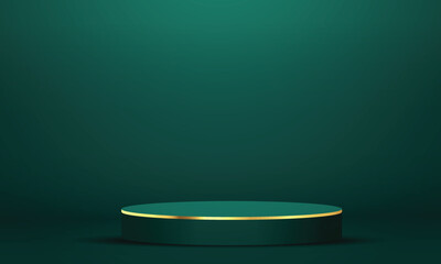 Poster - dark green realistic 3d cylinder pedestal podium with empty room studio design background decoration