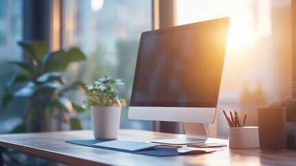 Poster - Modern workspace with computer, plants, and sunset light.