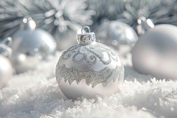 Poster - A close-up of a Christmas ornament amidst snowflakes