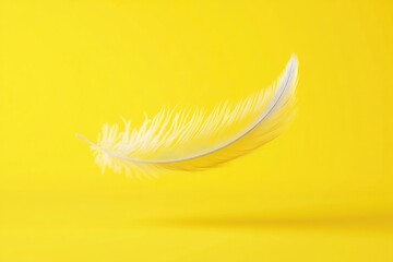 Poster - A single white feather floats in mid-air against a bright yellow background, suitable for use as a design element or symbol