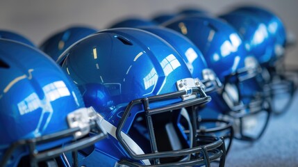 Poster - Line of blue football helmets arranged neatly on display