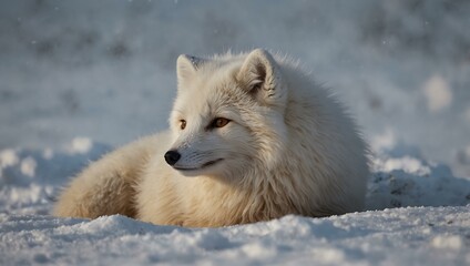 Wall Mural - White Arctic fox curled up in the snow.