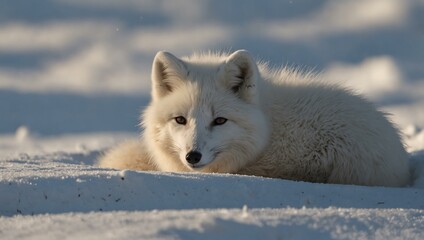 Wall Mural - White Arctic fox curled up in the snow.