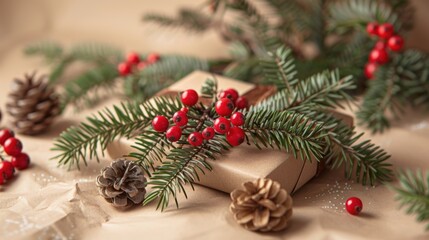 Poster - A gift wrapped in brown paper with red berries and pine cones, a cozy and rustic presentation
