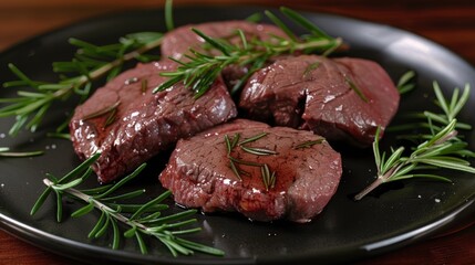 Poster - A black plate topped with meat and herbs, ready for serving