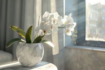 Aufkleber - A vase with white flowers on a table in front of a window