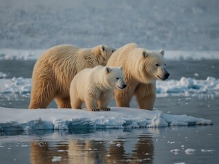 Canvas Print - White bear family in the snowy Arctic, a heartwarming scene.