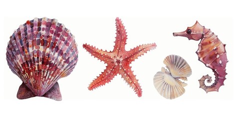 Poster - Collection of sea shells and starfishes on a white background