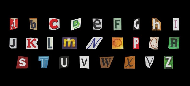 Isolated Ransom Letter Pack with cutout Y2K style english alphabet, retro style colorful letters set in black background