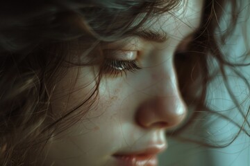 Poster - A close-up shot of a woman's face with her eyes closed, suitable for use in portraits or as a representation of relaxation