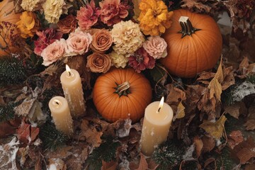 Poster - A collection of candles resting on top of a pile of autumn leaves