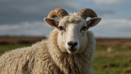 Wall Mural - White ewe gazing forward, looking serene.