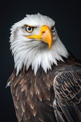 Poster - A close-up view of a bald eagle's head and feathers against a dark background